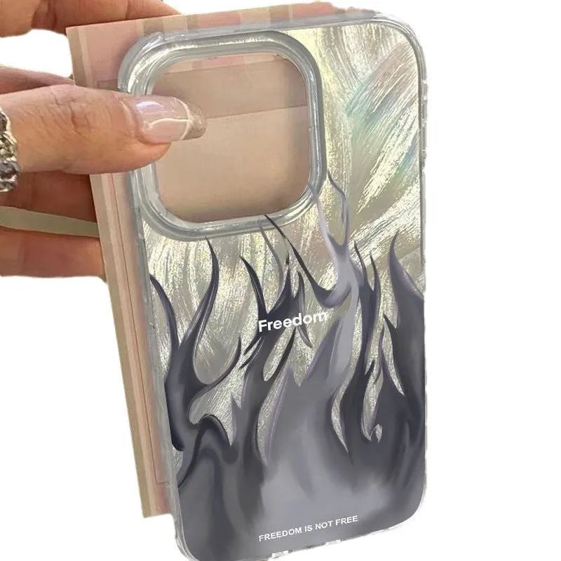 Silicone iPhone case with blue flame pattern design showing all-inclusive edge protection