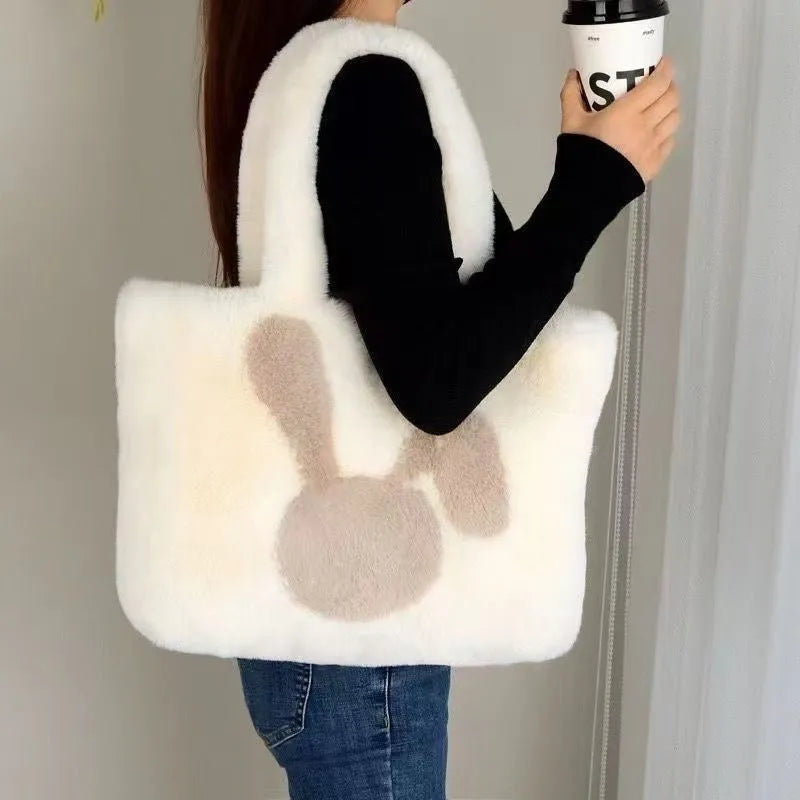 New Cute Rabbit Head One-shoulder Portable Plush Bag in white with contrast stitching and double shoulder straps