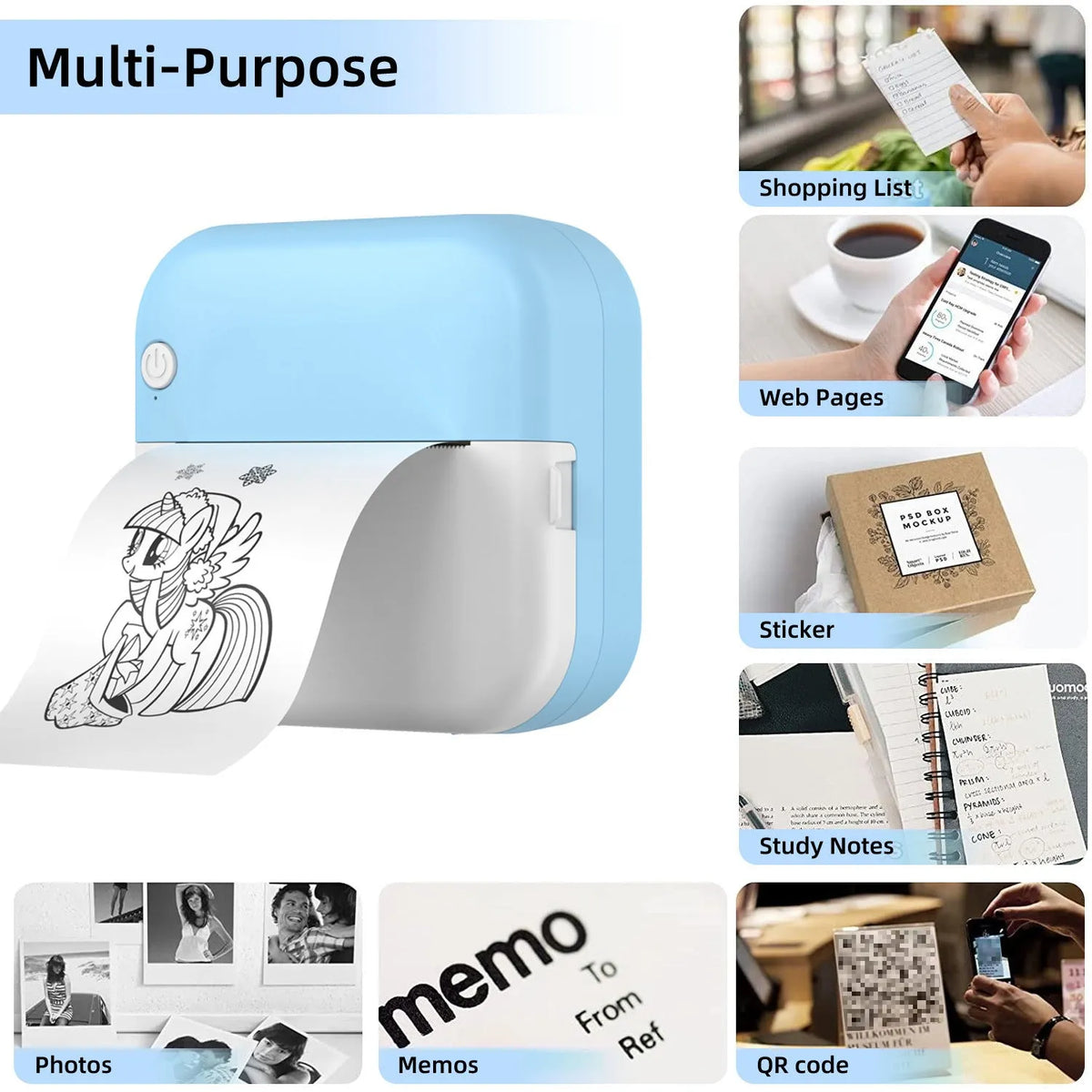 Student mini thermal label printer with USB cable and printing paper, 12x9x4.6cm compact size