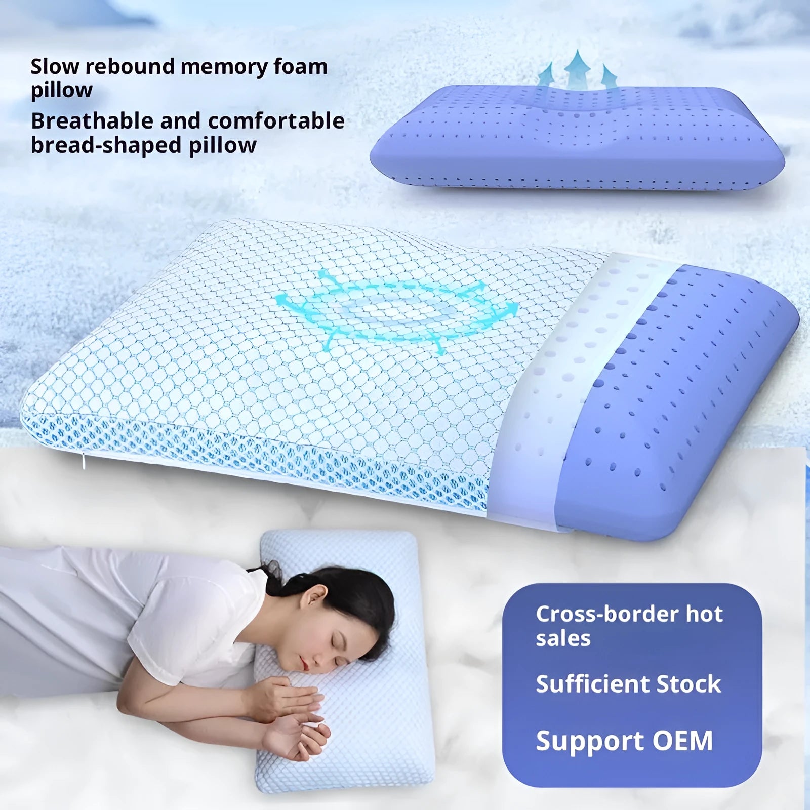 Household cervical memory foam pillow 63x36x13.5cm in medium molecule air layer white and blue finish