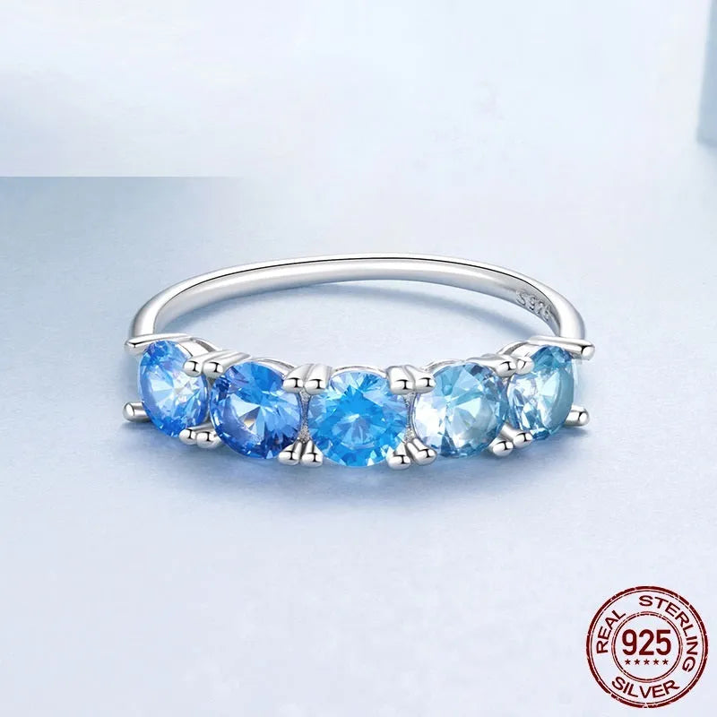 Gradient blue zircon S925 sterling silver geometric ring for women, US sizes 6, 7 and 8
