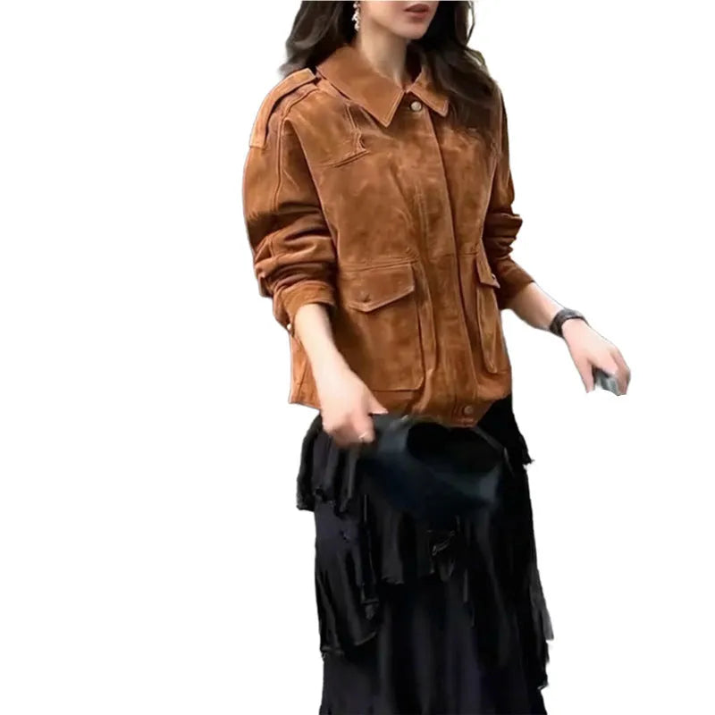 Women's brown suede-style street chic coat with regular sleeves on a hanger