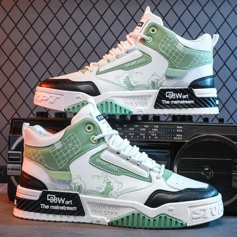 Men's high-top board shoes in beige colour with front lace-up design and rubber sole