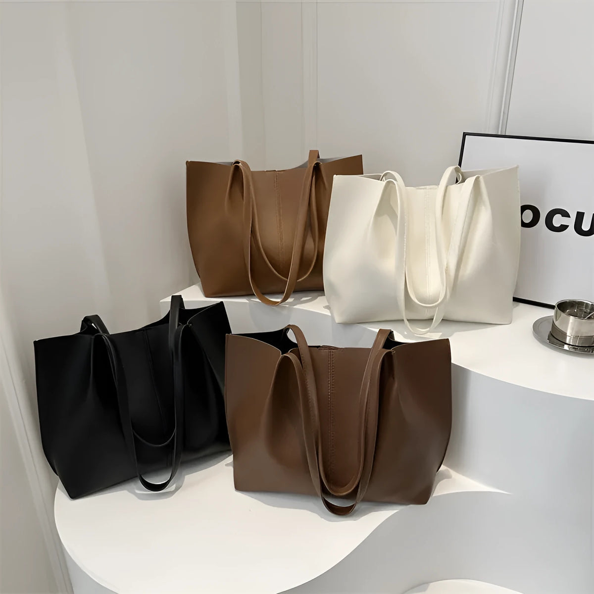 PU casual messenger bag in black, brown, white, or coffee with open pocket, bucket shape, and double shoulder straps