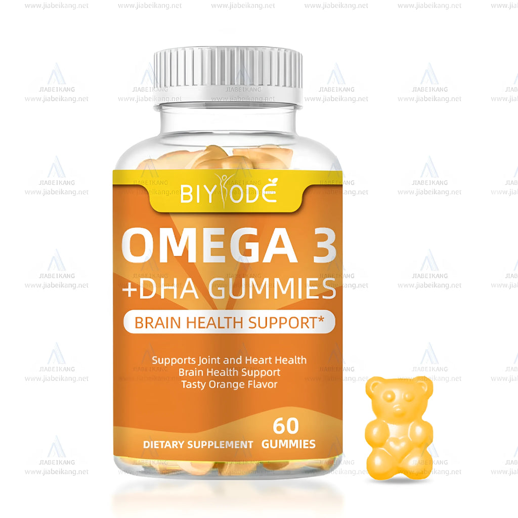 Bottle of 60 DHA algae oil gummies with custom label, plant-based omega-3 supplement