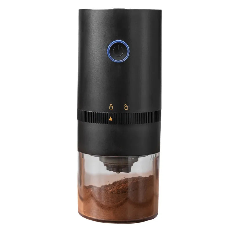 Portable black electric coffee grinder with transparent chamber and USB-C charging cable