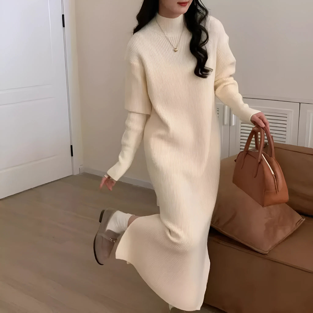 Half turtleneck knit dress in acrylic fibre with high waist and midi length