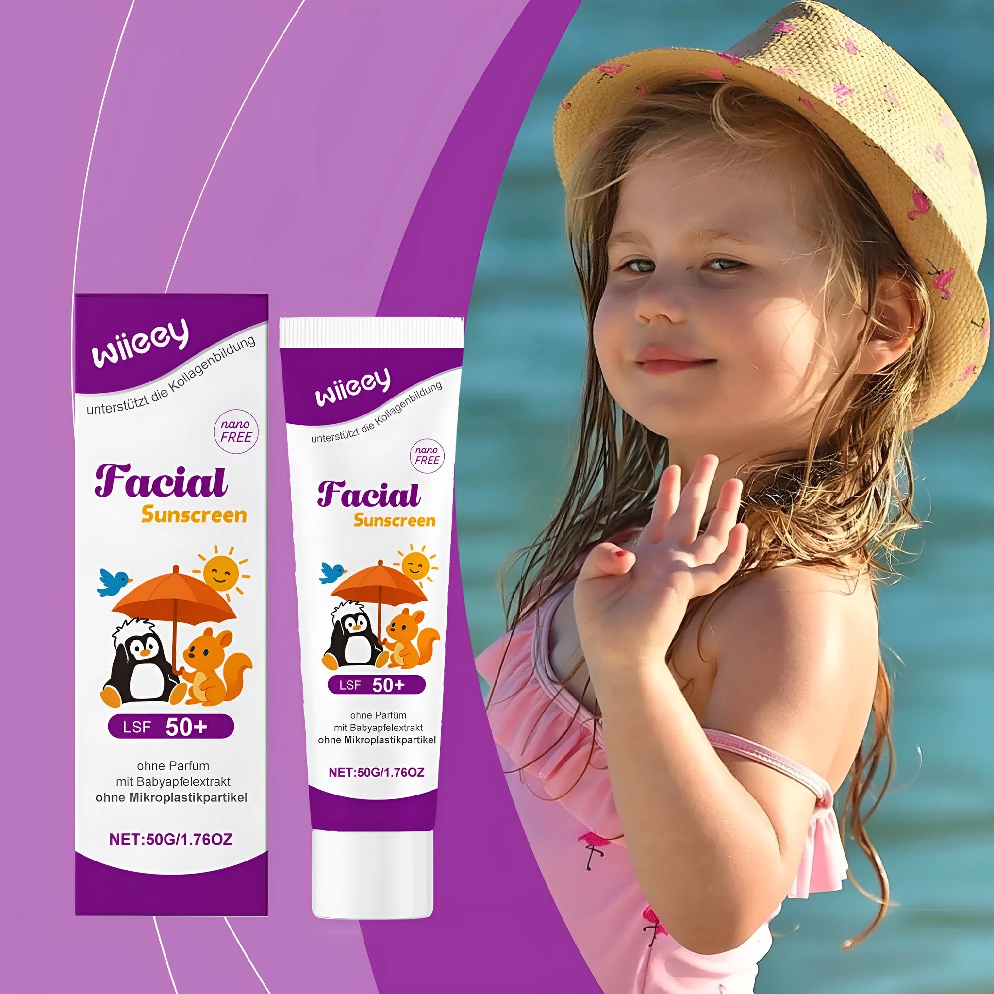 50g summer sunscreen cream tube with broad spectrum UVA UVB protection containing titanium dioxide and apple extract