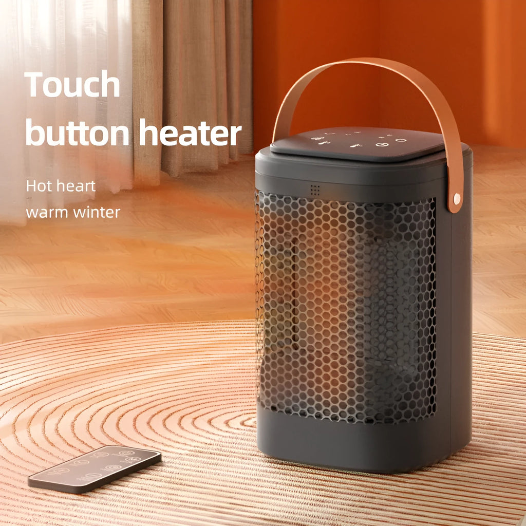A compact hot and cold air heating radiator with a digital touch screen and remote control in a 618 electronic model colour.