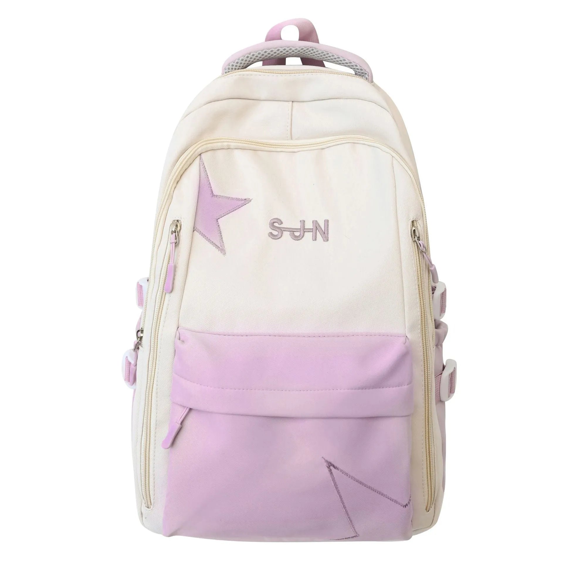 Mori style nylon backpack for women, light blue colour, shown with pendant on a plain background