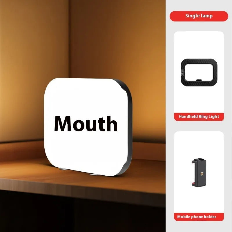 Mobile phone fill-in light kit with adjustable colour temperature display and metallic desktop bracket