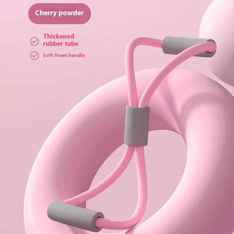 Yoga four piece set showing leg beauty device, yoga ring, pedal puller, and figure eight tension rope for home workouts.