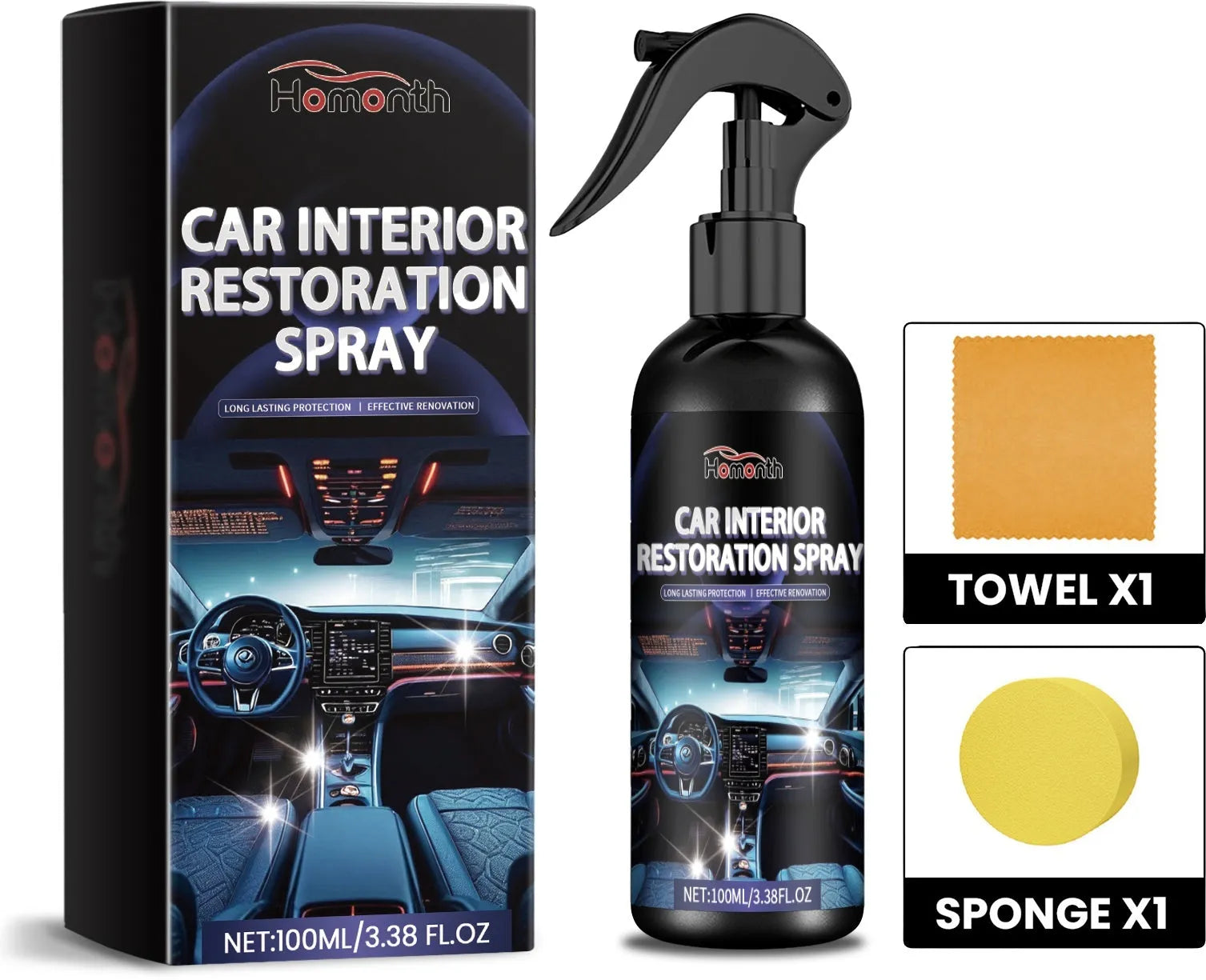 Car interior restoration spray kit with 100ml bottle, cleaning towel and scrubbing sponge