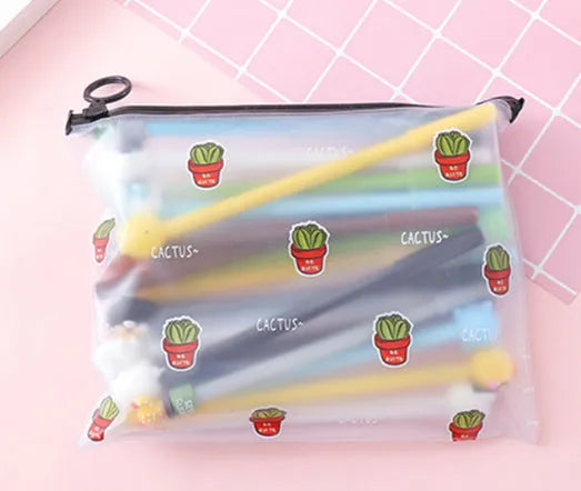 Marvel cartoon cactus pen case open showing 20 black 0.5mm gel ink pens with various cactus designs