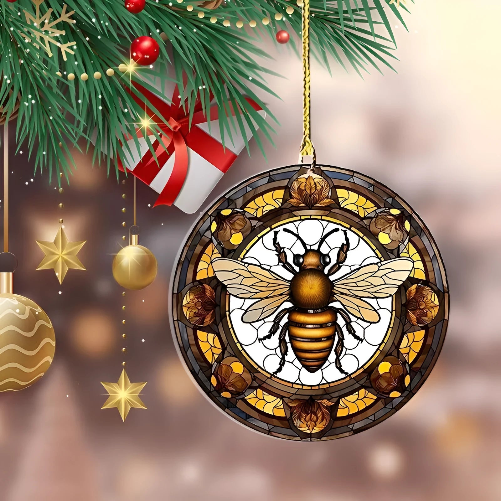 Round clear acrylic pendant with yellow and black bee disc cartoon design