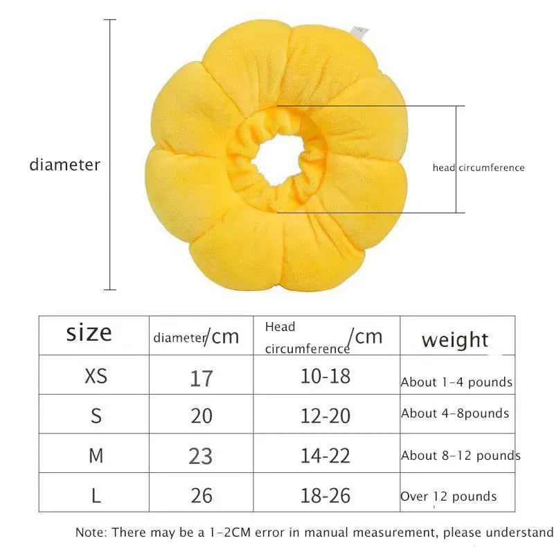 Sunflower-pattern cotton protective collar for dogs and cats, shown with adjustable band and size chart.