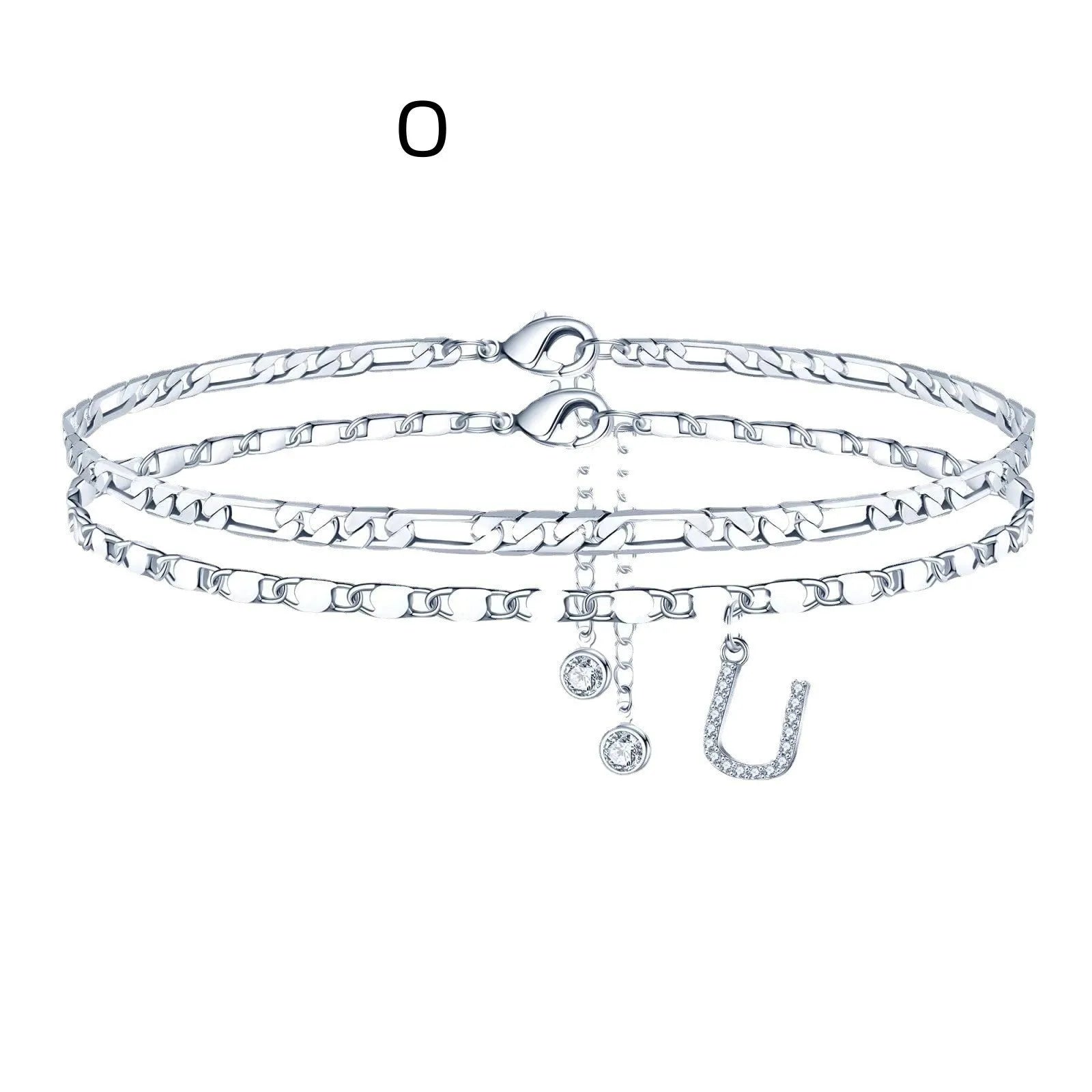 Silver-coloured double-circle bead copper anklet showing alphabet letter modelling on ankle.