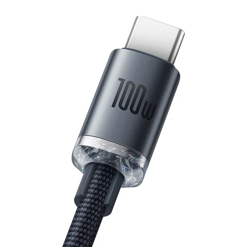 Crystal Shine Series USB to Type C 100W fast charging data cable with aluminium alloy casing and braided-fabric cable in black