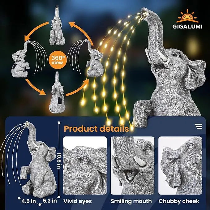 Resin elephant garden statue with integrated warm white LED light strip at base.