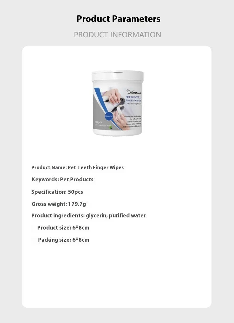 Canister of 50 dog teeth cleaning finger wipes with a reusable finger stall applicator for oral care.