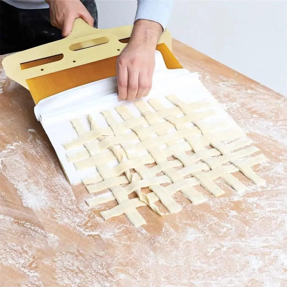 Wooden pizza shovel with cutting board surface and hanging hole at handle