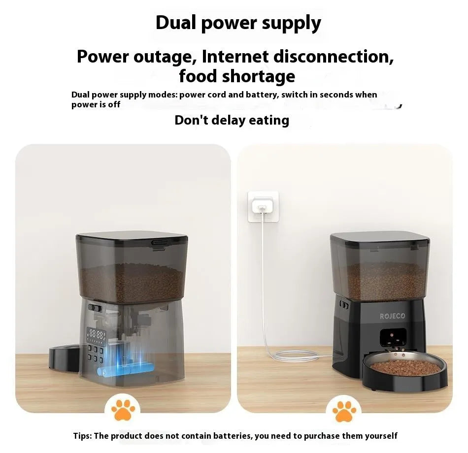 Black WIFI automatic pet feeder with stainless steel bowl and 2L hopper on countertop
