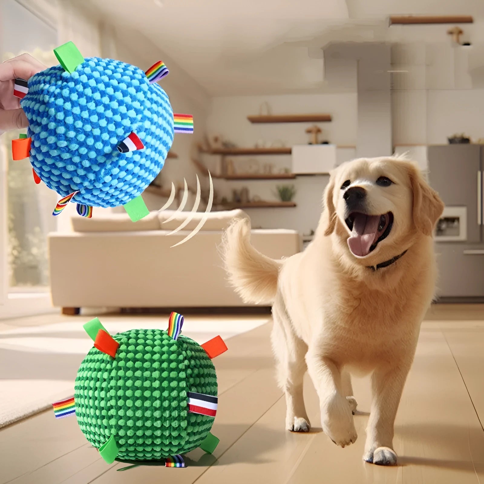 Blue and yellow pineapple lattice dog toy shaped as a rolling ring with a central ball, 17cm in diameter.