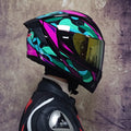 Full face ABS motorcycle helmet in imitation carbon fibre aurora blue with multicolour lens for electric scooter riding