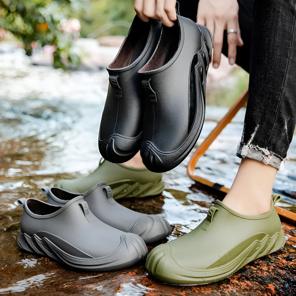 Men's short ankle plastic rain boots in black, grey and green colour options