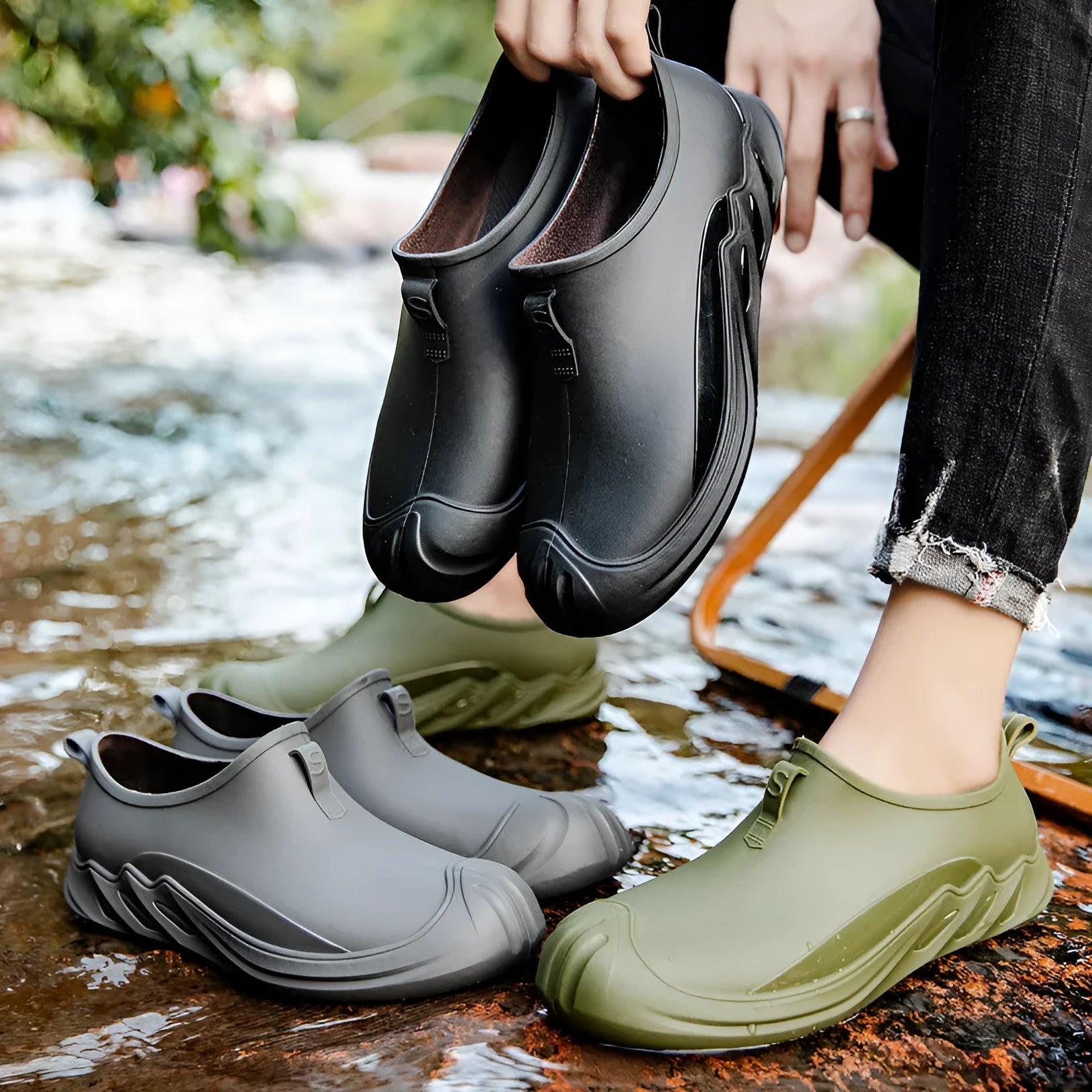 Men's short ankle plastic rain boots in black, grey and green colour options