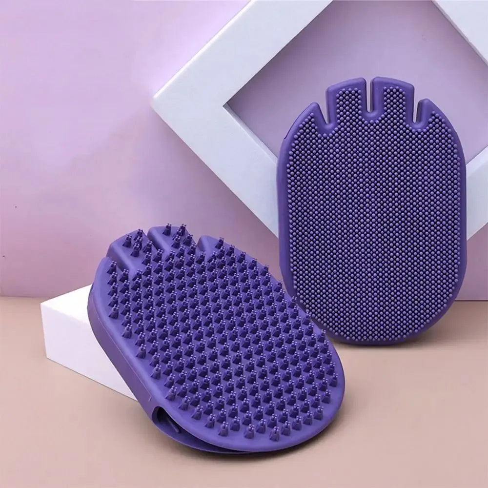 Purple dual-sided silicone pet shampoo and massage brush with soft TPR bristles