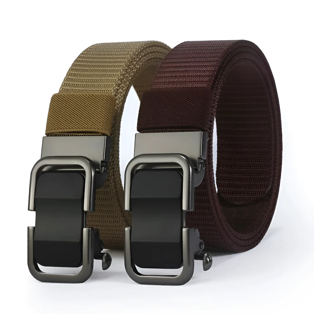 Men's toothless nylon canvas belt with alloy buckle showing adjustment mechanism and colour options