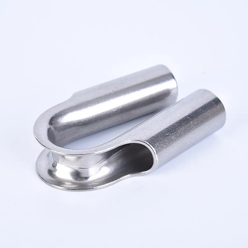 Stainless steel tubular chicken heart ring sleeve ring in round form on a white background.
