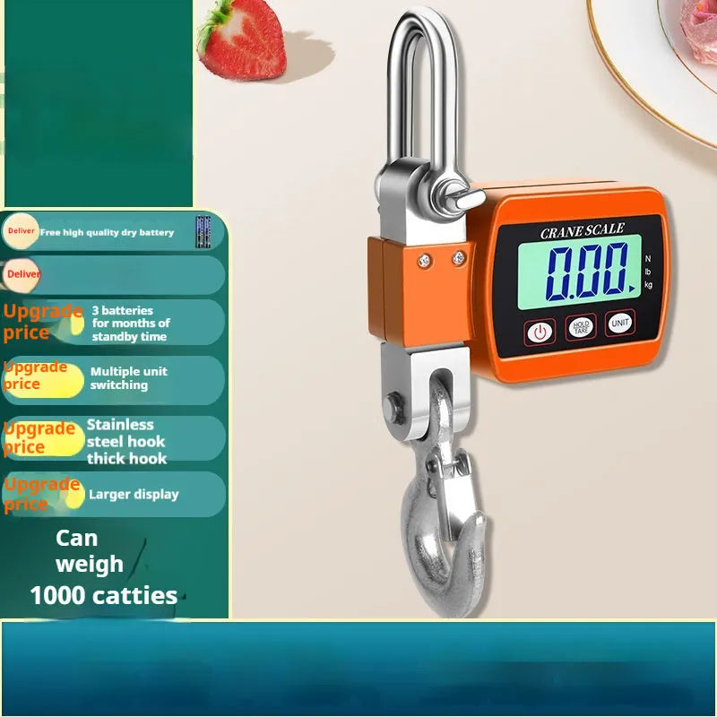 Electronic digital hook scale in blue, showing display and hook, for portable weighing up to 500kg.