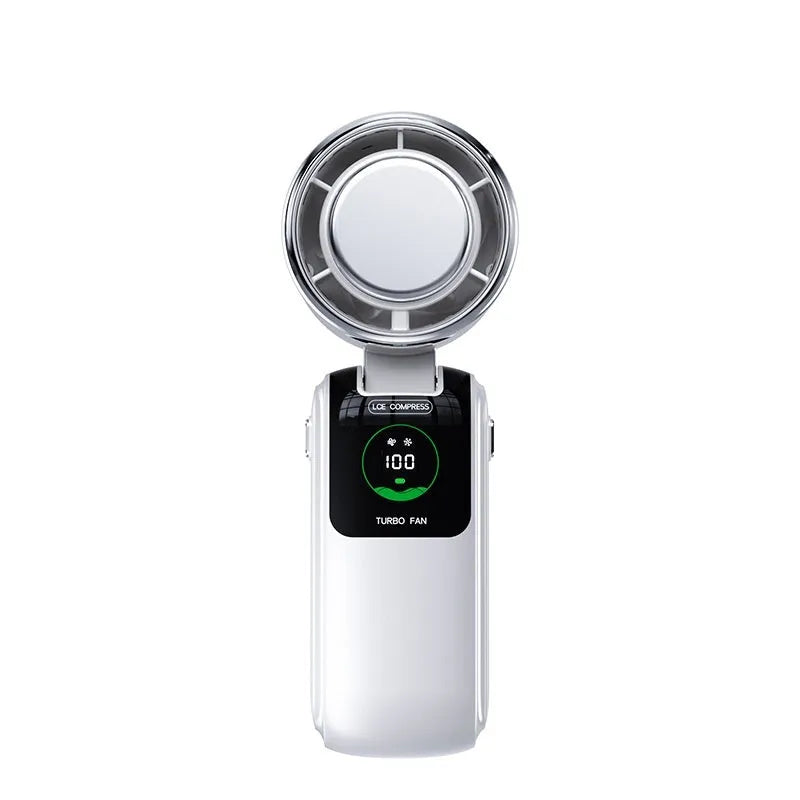 Blue folding neck fan with USB port and adjustable speed buttons, shown both worn and handheld