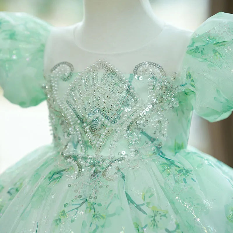 Mint green fluffy gauze princess dress with puff sleeves for girls, height range 80-160cm
