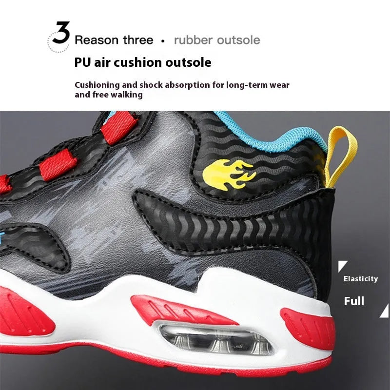 Children's rotating button basketball running shoes in synthetic leather with PU sole