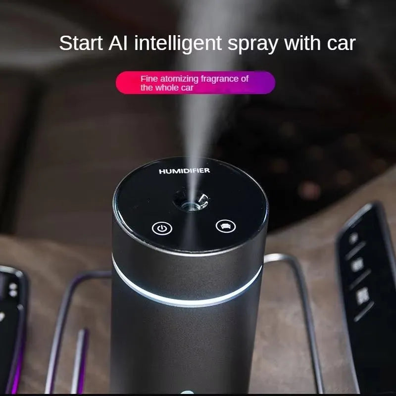 Black aluminium car humidifier with 260ml water tank and USB cable for vehicle or office use