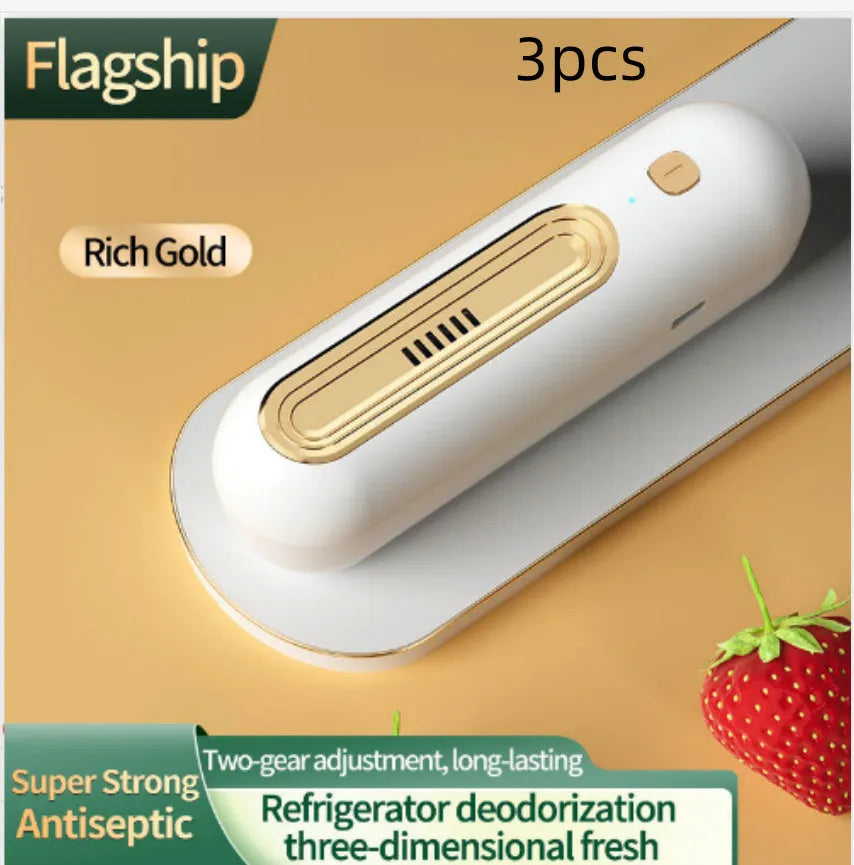 USB ozone air purifier and refrigerator deodorizer in gold, silver, or purple, for spaces under 10 sqm, below 36dB