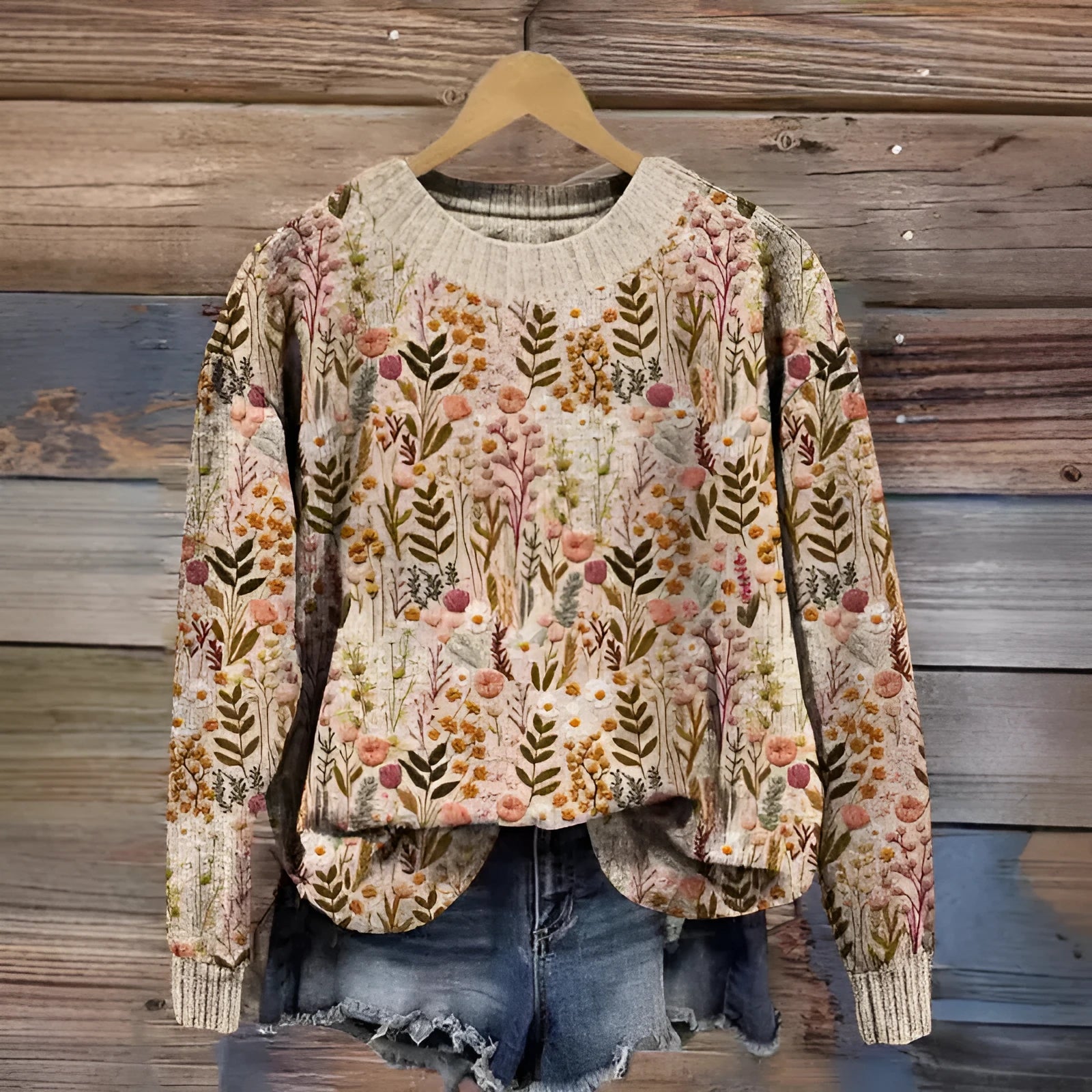 A round neck sweater with a colourful digital floral print, shown on a hanger.
