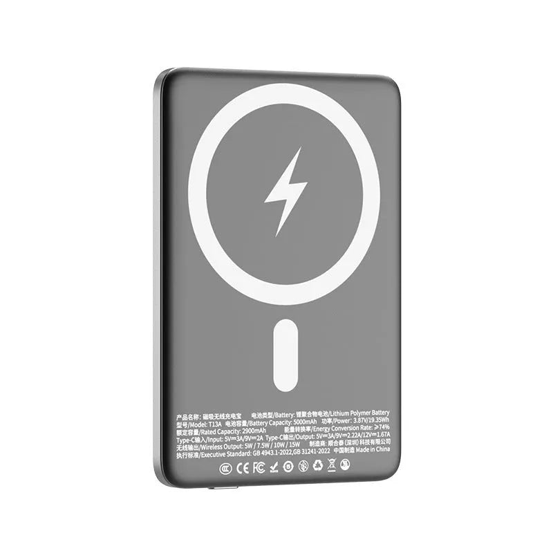 Gun grey magnetic wireless power bank with alloy construction showing ultra-thin 9mm profile