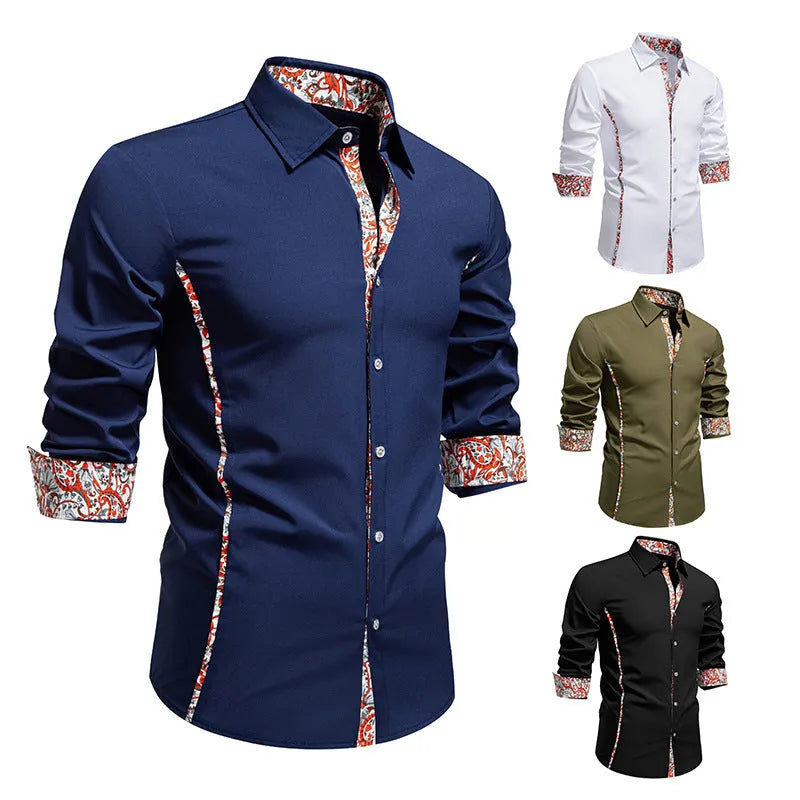 Men's slim fit polo collar shirt with paisley pattern and colour blocking in white, black, army green or navy blue