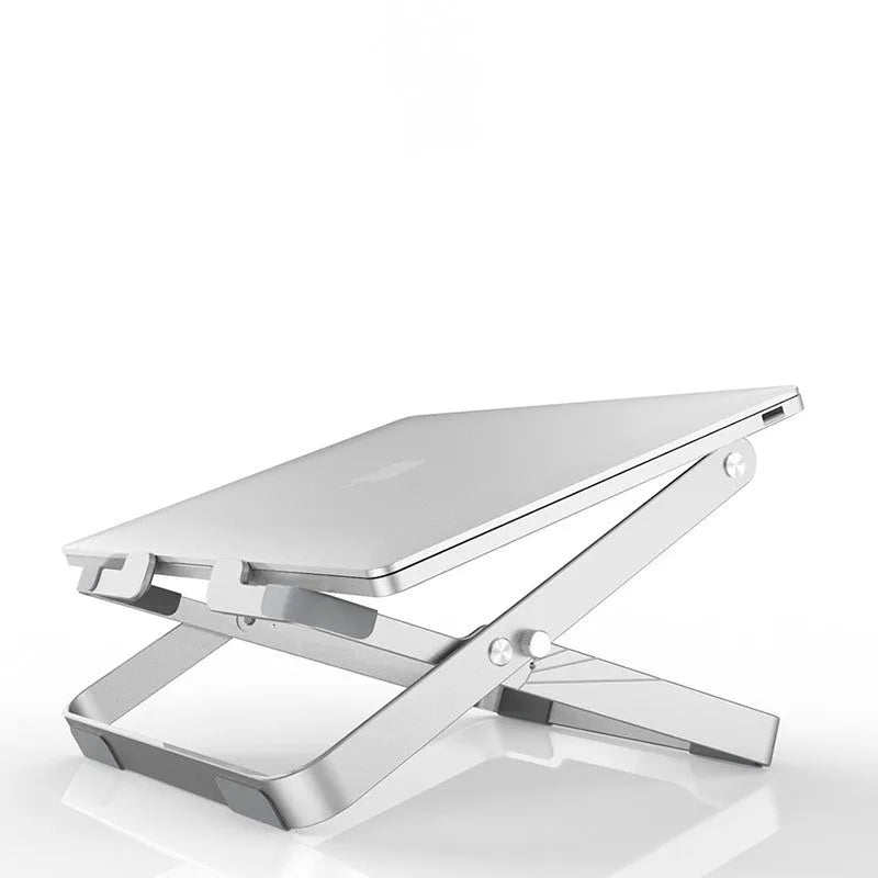 Silver grey folding aluminium alloy laptop stand with silicone pad, adjustable lifting and heat dissipation, for 11-18 inch devices