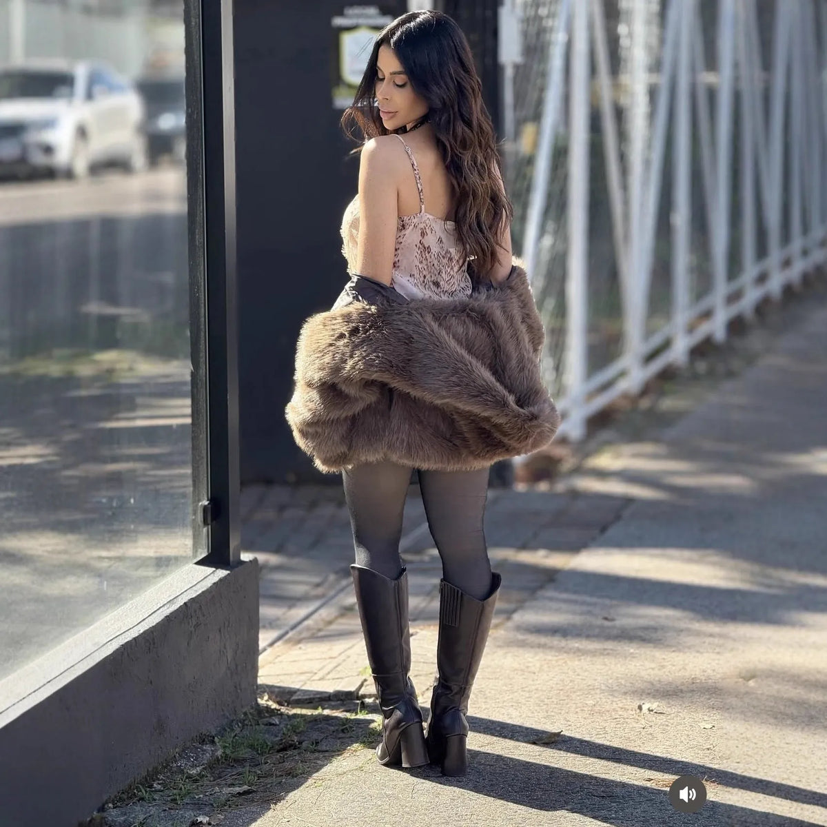 Brown polyester hooded jacket with faux fur trim, loose fit, 50cm length, women's sizes S to XXXL