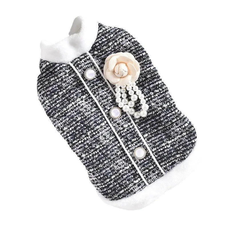 Black PU sausage dog pattern jacket on cat showing seven size options from XS to 4XL