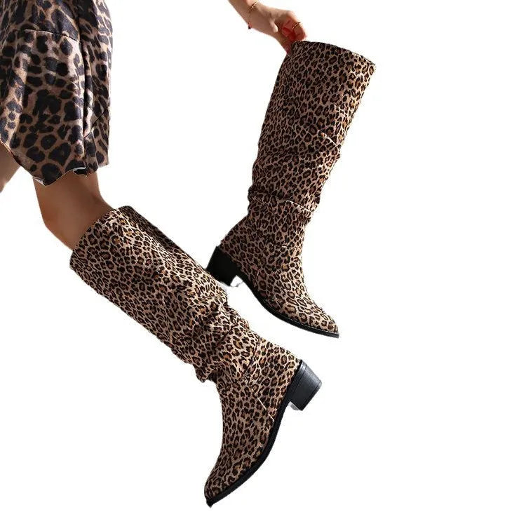 Brown women's ankle boots with leopard print, square toe, and a chunky block heel.