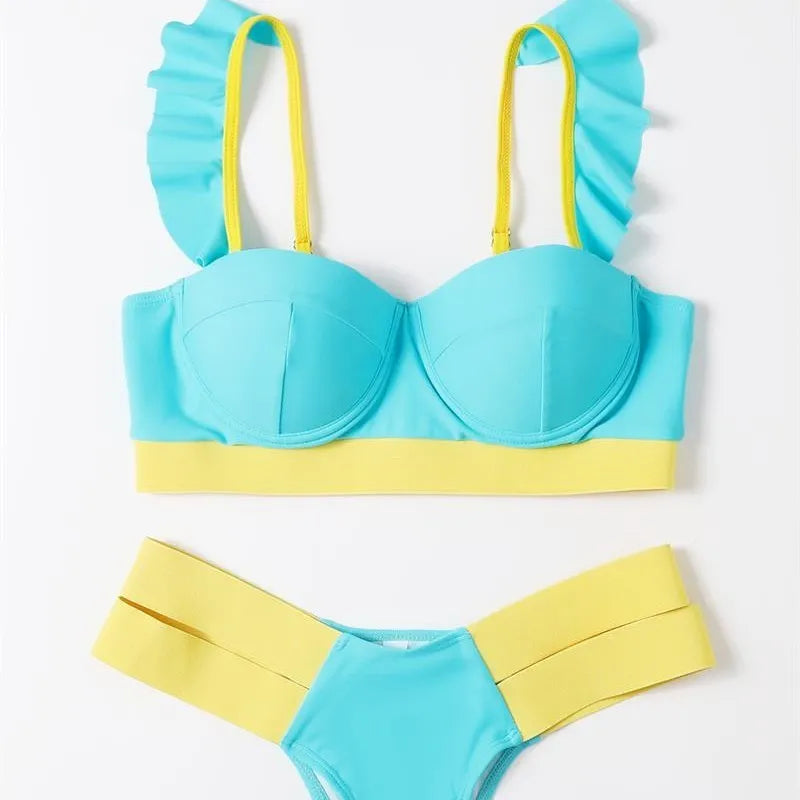 Women's rose red bikini swimsuit with steel bracket push-up board, shown as a two-piece set.