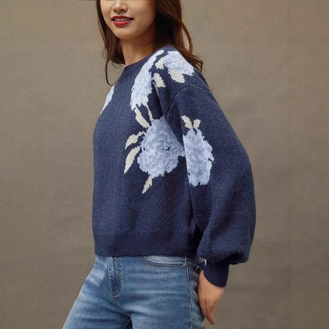 Sapphire blue women's loose pullover with off-neck and flower jacquard design