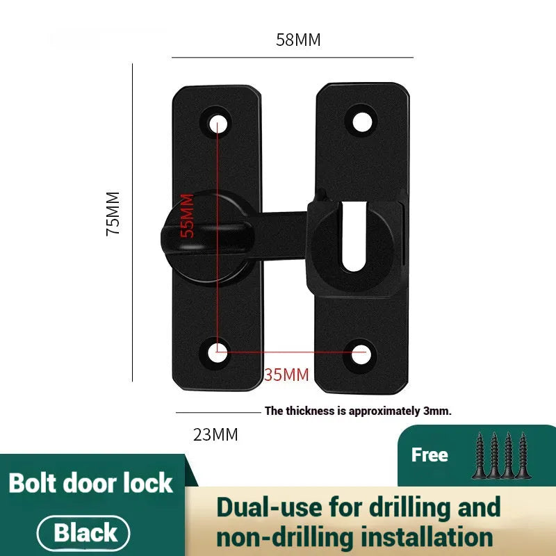 Aluminium alloy punch-free door latch in silver finish shown at a 90-degree angle with screws.