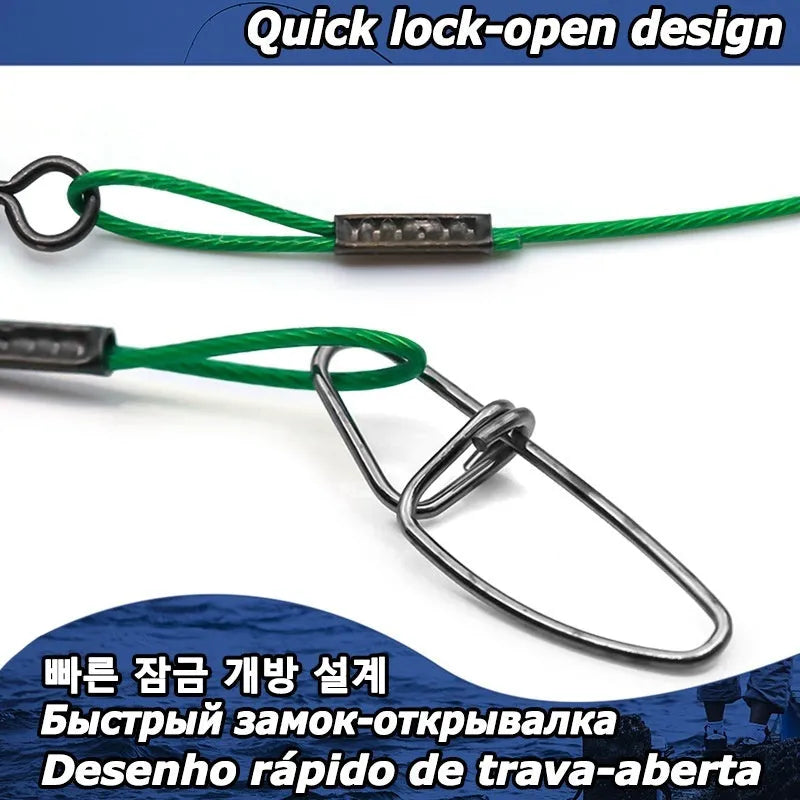 Set of green, black, and red steel wire fishing pins with double buckle ends, each 54cm long.